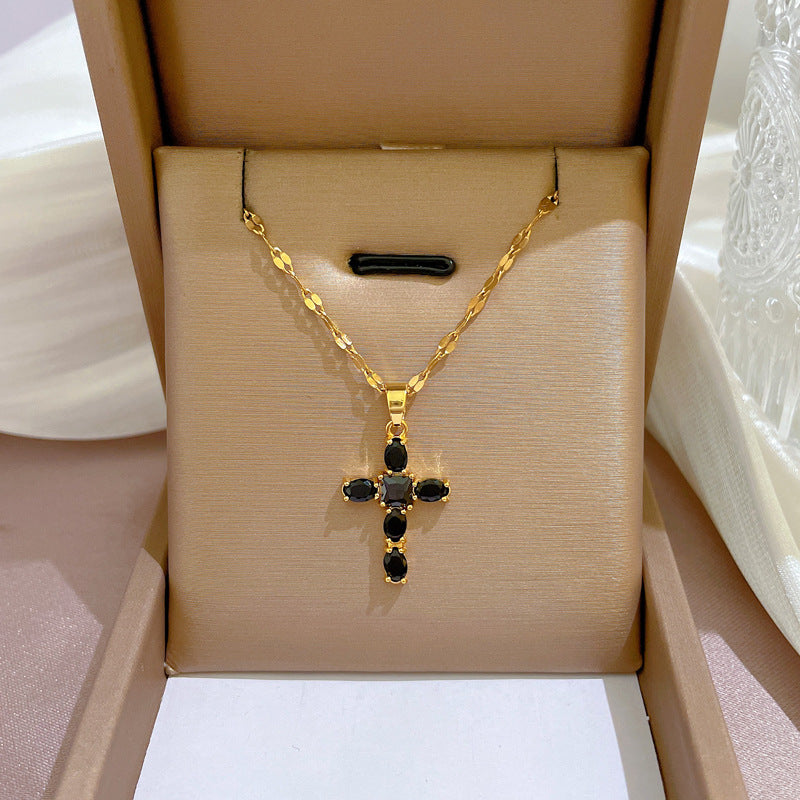 Wholesale Titanium Steel Micro-paved Light Luxury Zircon Cross Necklace Clavicle Chain